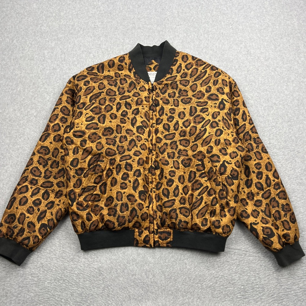 Selene Paris Bomber Jacket Womens Medium Brown Leopard Cheetah Silk Full Zip 90s